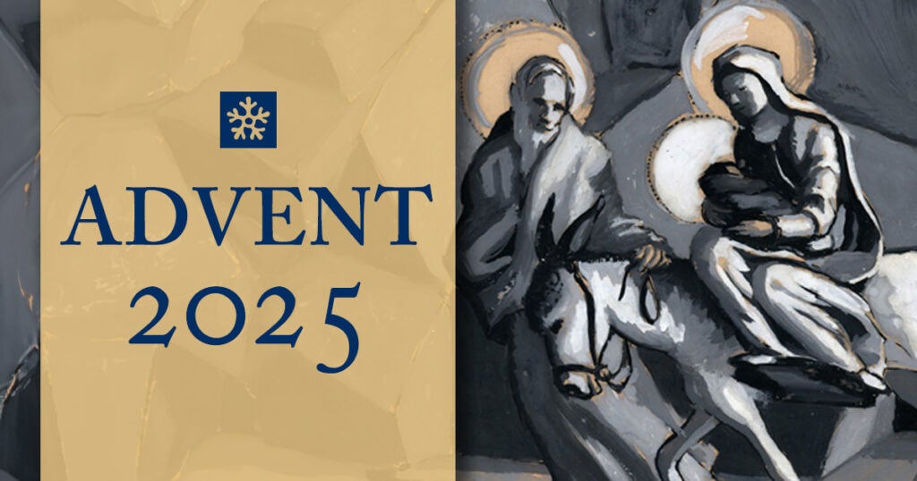 a gold panel appears on the left with the words "Advent 2025" overlaid. The right side of the image features a painting of the holy couple and their donkey. 
